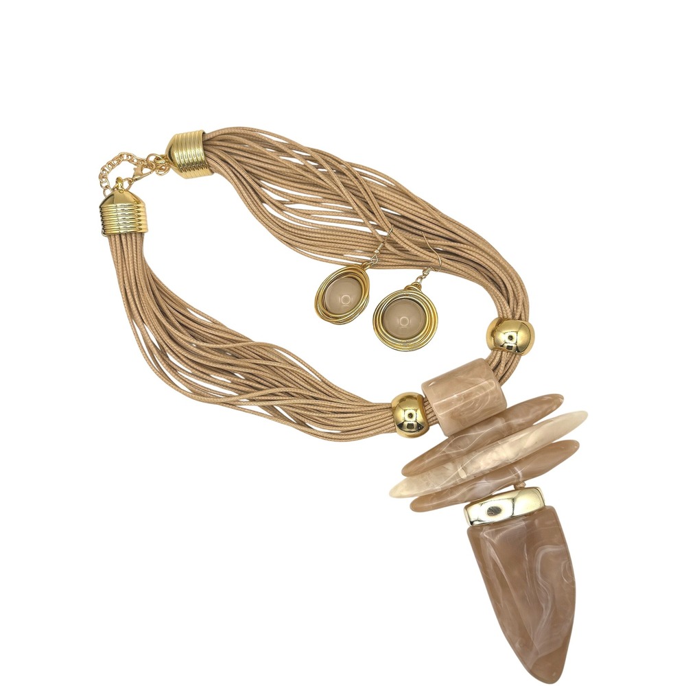 Tan Multi-Strand Cord Statement Necklace & Earring Set Marbled Resin Gold Tone
